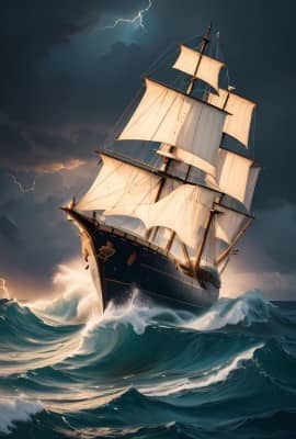 Ship traveling through waves.