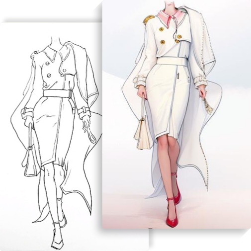 comparison of using AI sketch to image with clothing design sketch